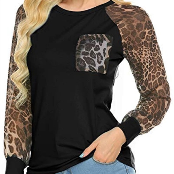 OMSJ Tops - NWT Womens long sleeve top, black with sheer leopard print sleeves. XXL.